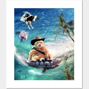 Surfing Cowboy Cat Riding Shark Posters and Art